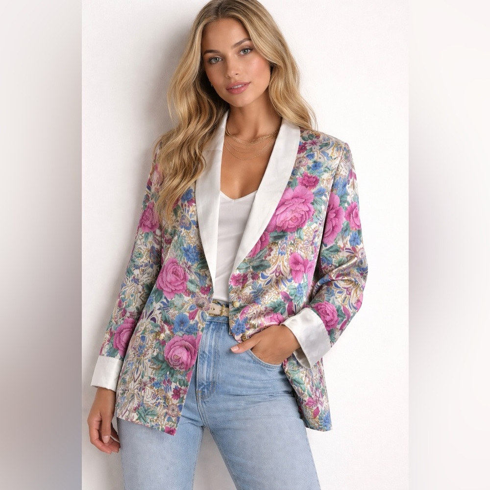 Victoria’s Secret Floral Satin Blazer Jacket Size M Silk Look Pink Blue Retro